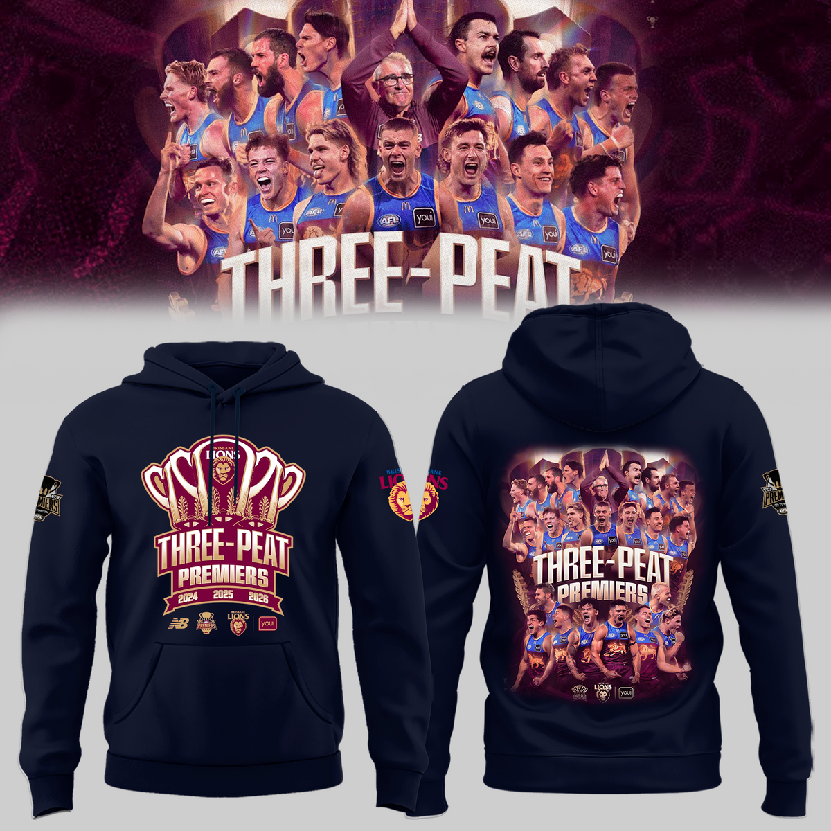 Limited Edition Limited Edition Brisbane Lions 2026 AFL Three - Peat Premiers Hoodie