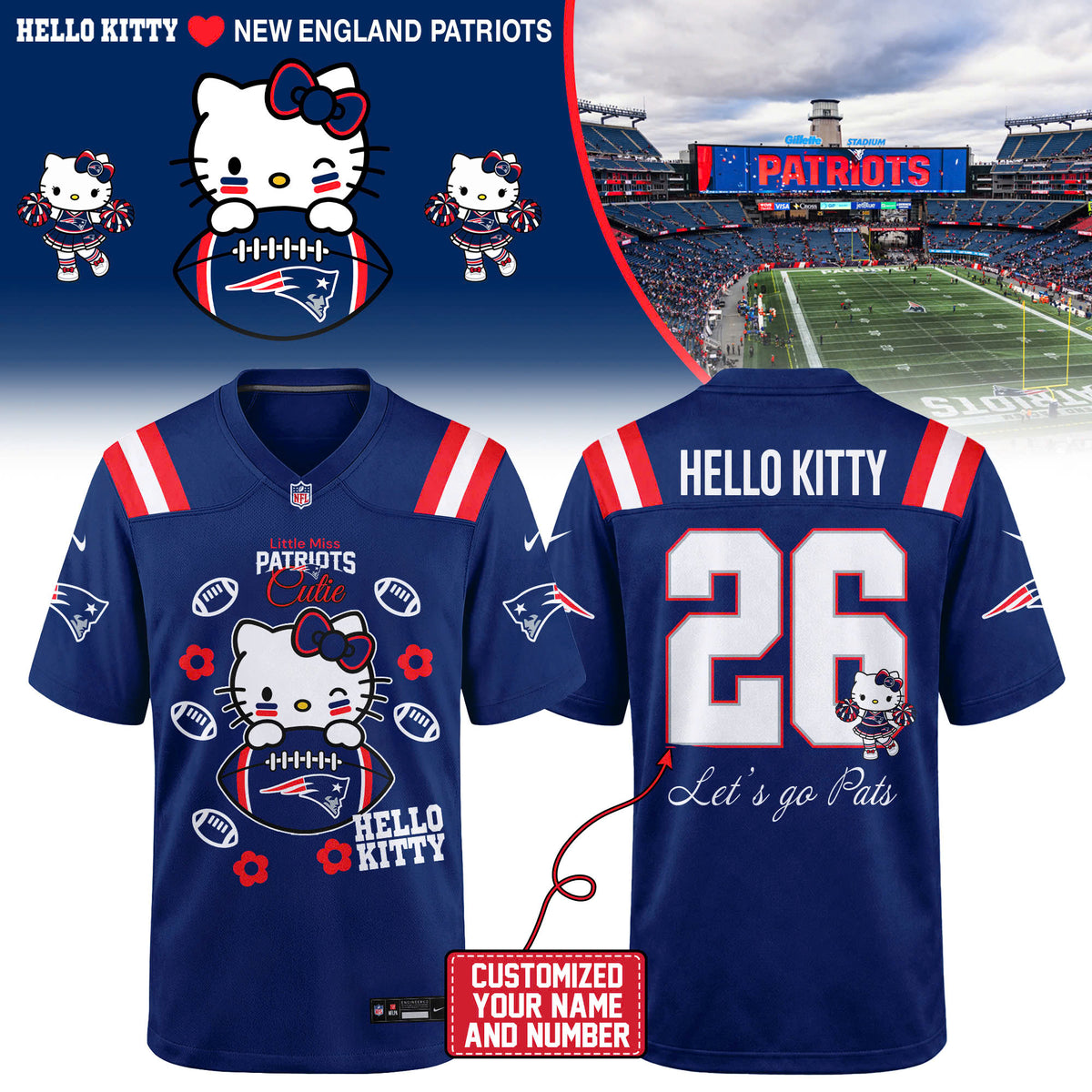 Limited Edition New England Patriots x Hello Kitty 2026 Football Jersey
