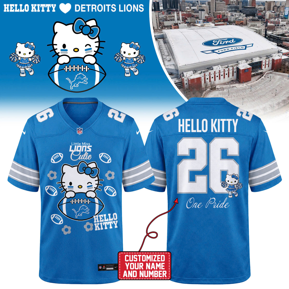 Limited Edition Detroit Lions x Hello Kitty 2026 Football Jersey