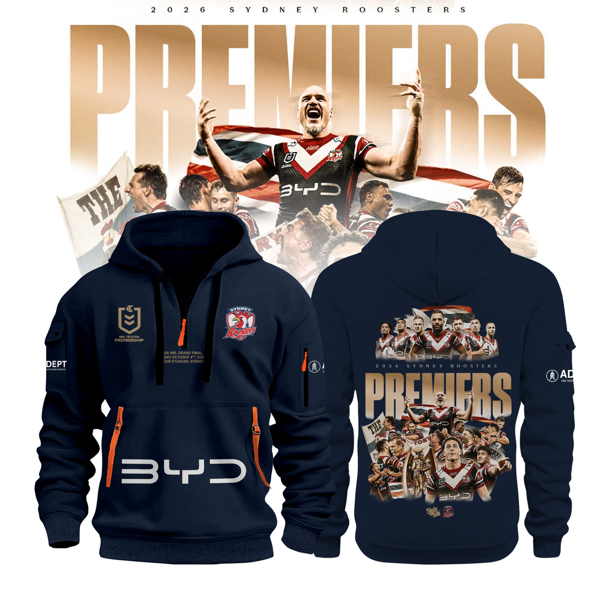Limited Edition Sydney Roosters 2026 NRL Premiers Half Zip Hoodie
