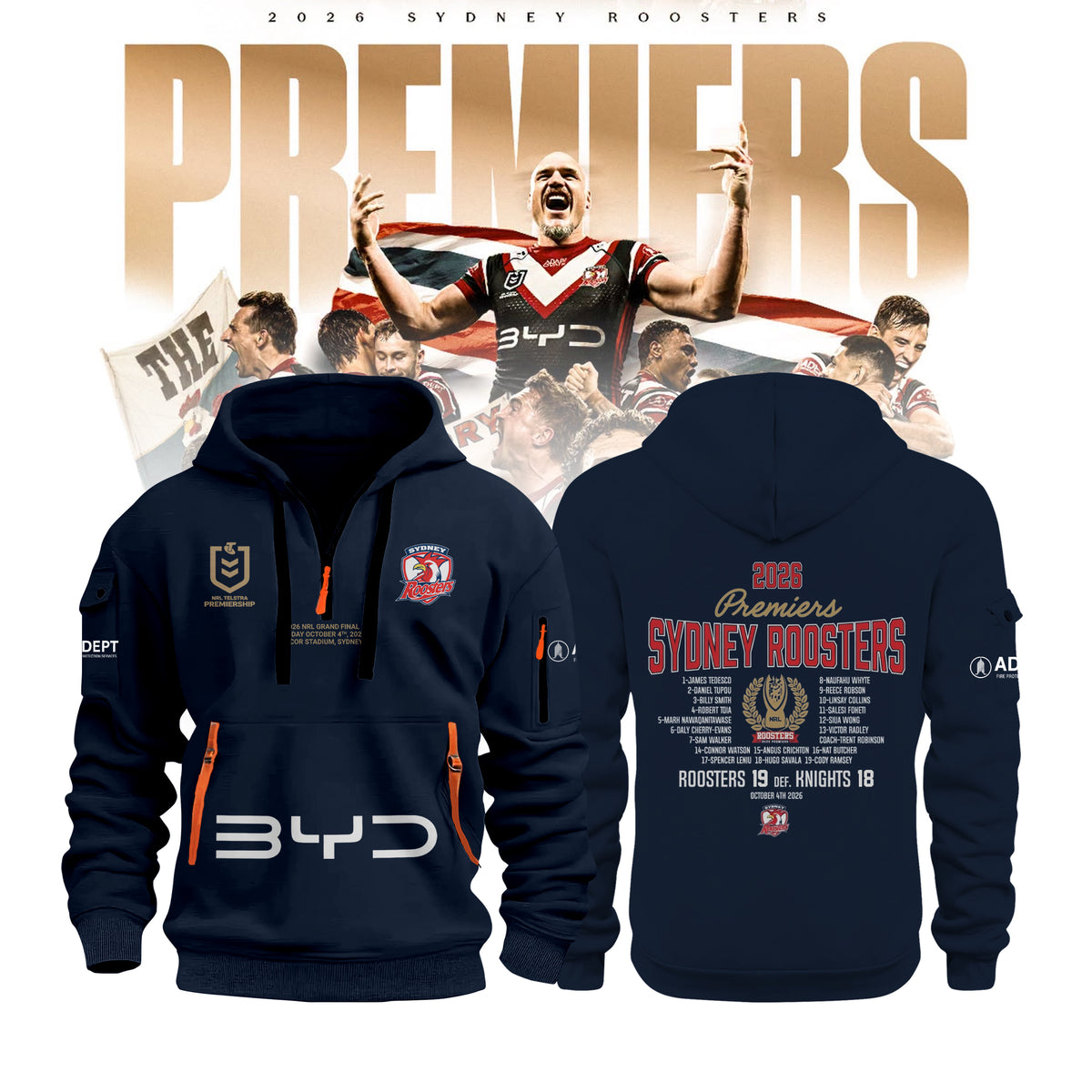 Limited Edition Sydney Roosters 2026 NRL Premiers Half Zip Hoodie