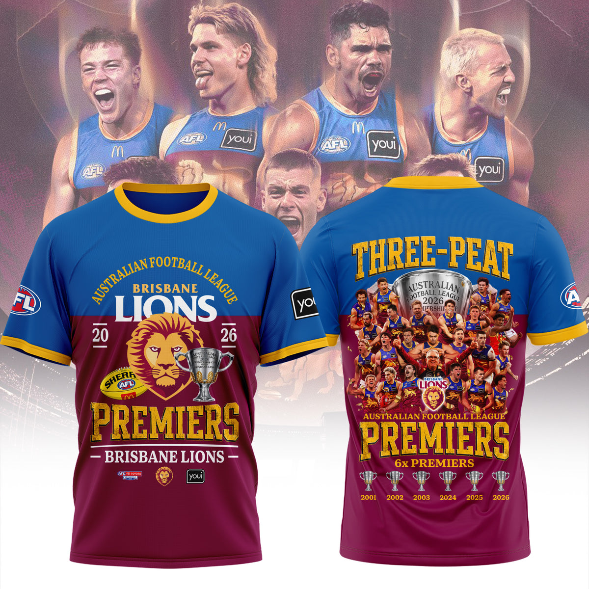 Limited Edition Brisbane Lions 2026 AFL Three - Peat Premiers T-shirt