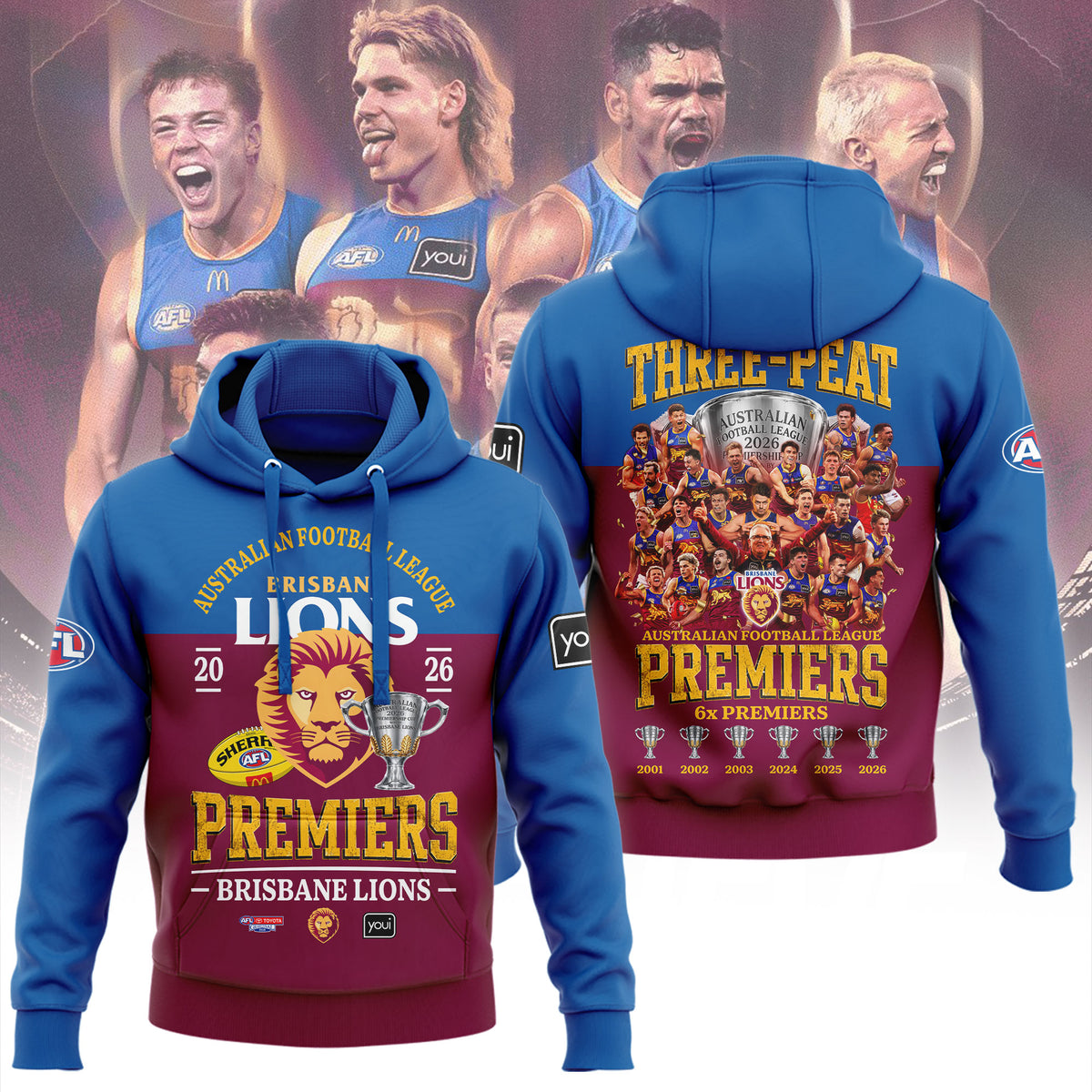Limited Edition Limited Edition Brisbane Lions 2026 AFL Three - Peat Premiers Hoodie