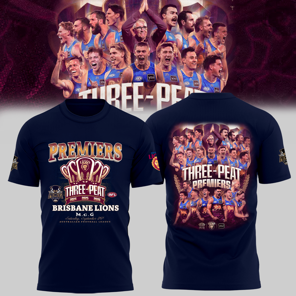 Limited Edition Brisbane Lions 2026 AFL Three - Peat Premiers T-shirt