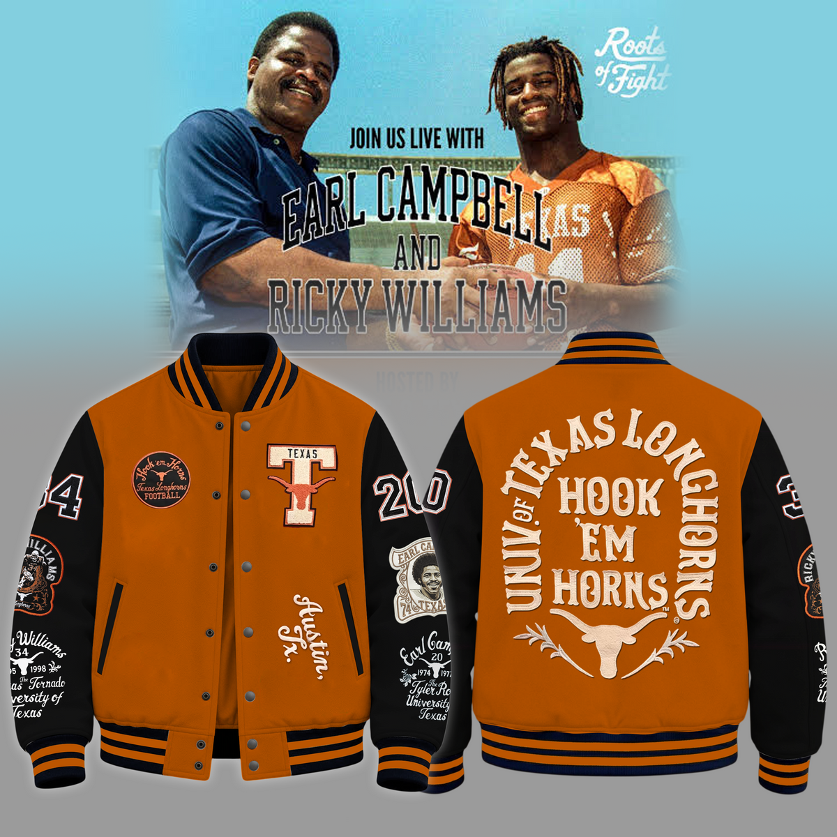 Limited Edition Roots of Fight x Texas Longhorns x Earl Campbell x Ricky Williams Texas Orange Jacket