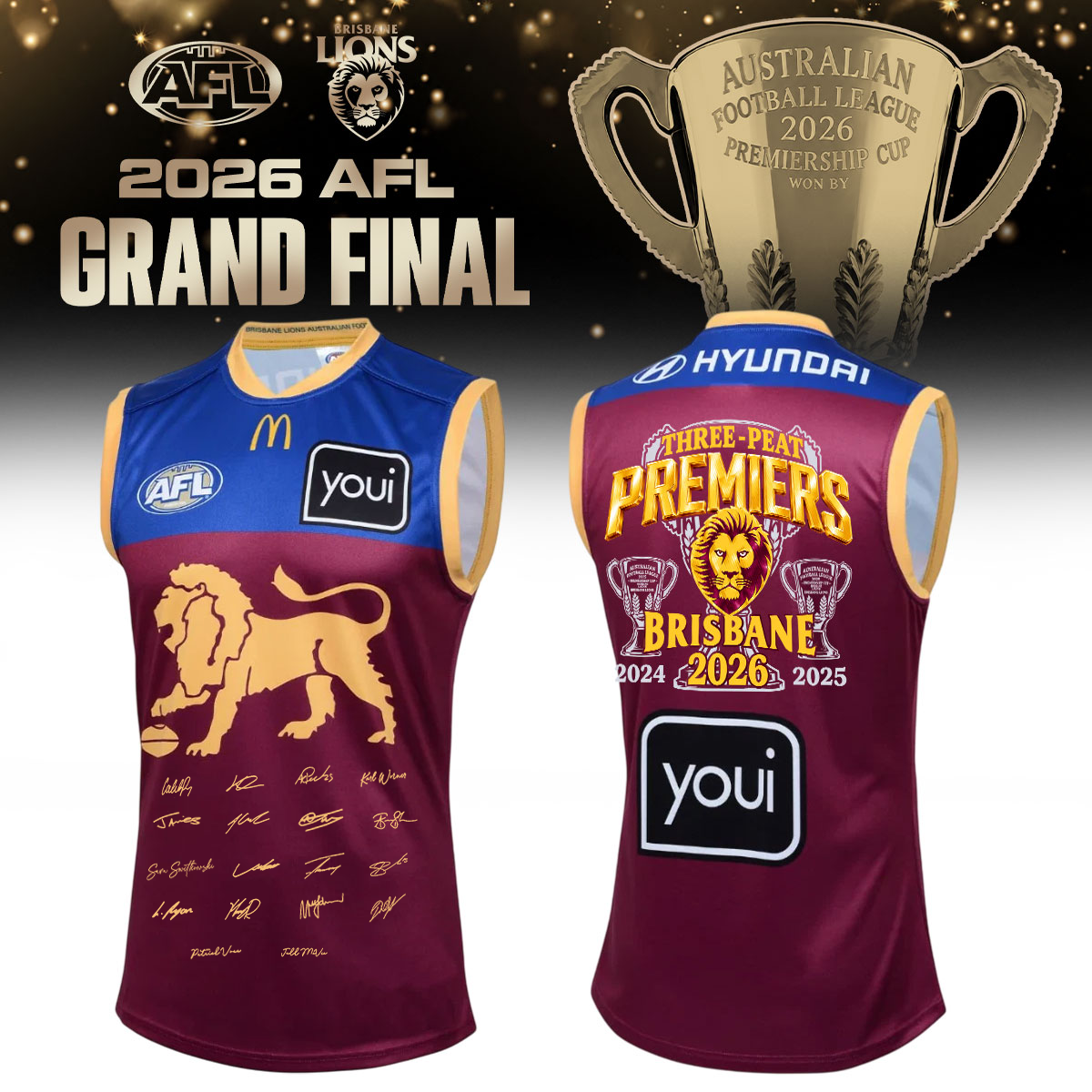 Limited Edition Brisbane Lions 2026 AFL Three - Peat Premiers Rugby New Jersey