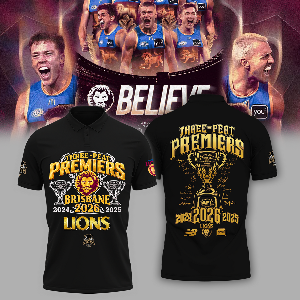 Limited Edition Limited Edition Brisbane Lions 2026 AFL Three - Peat Premiers Polo