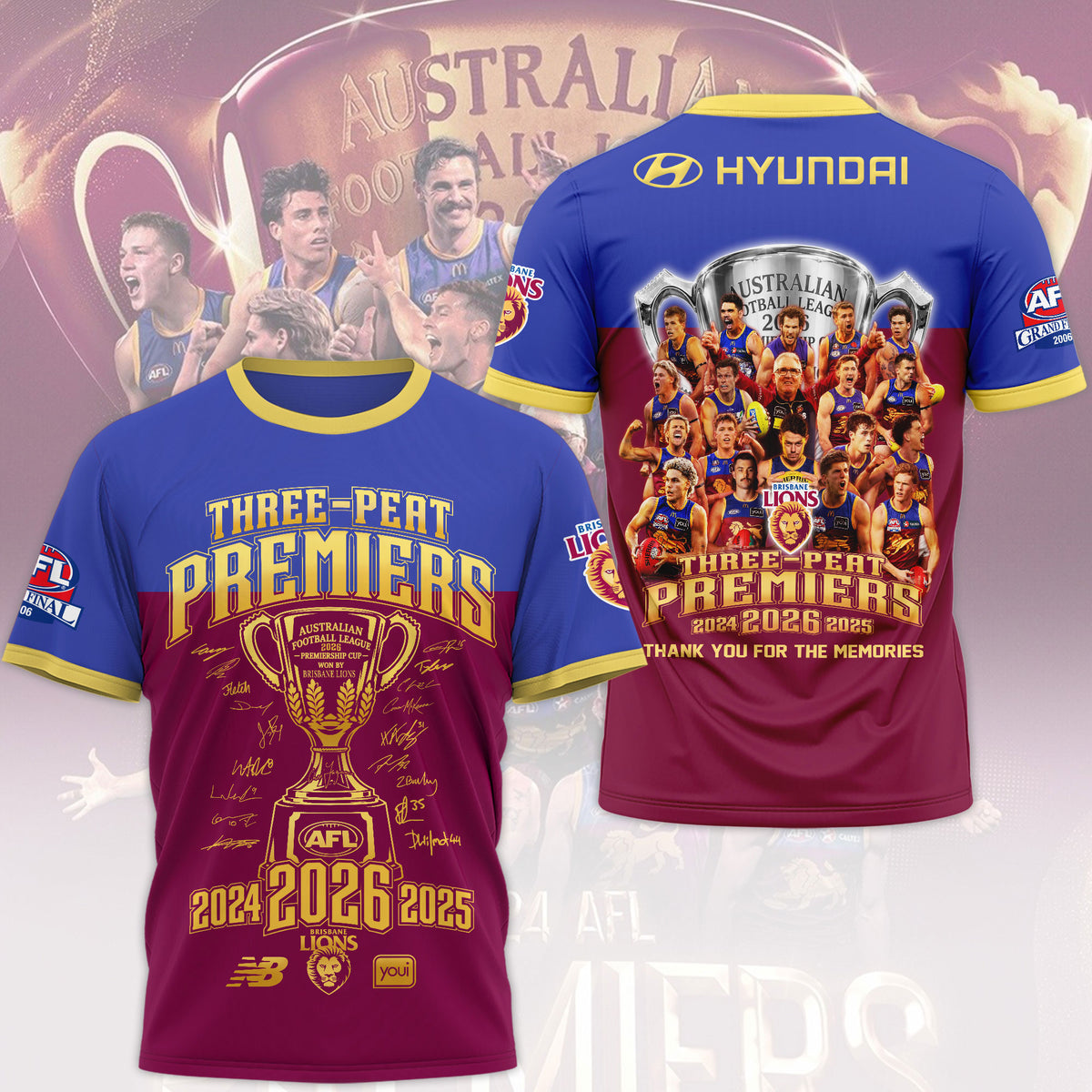 Limited Edition Brisbane Lions 2026 AFL Three - Peat Premiers T-shirt