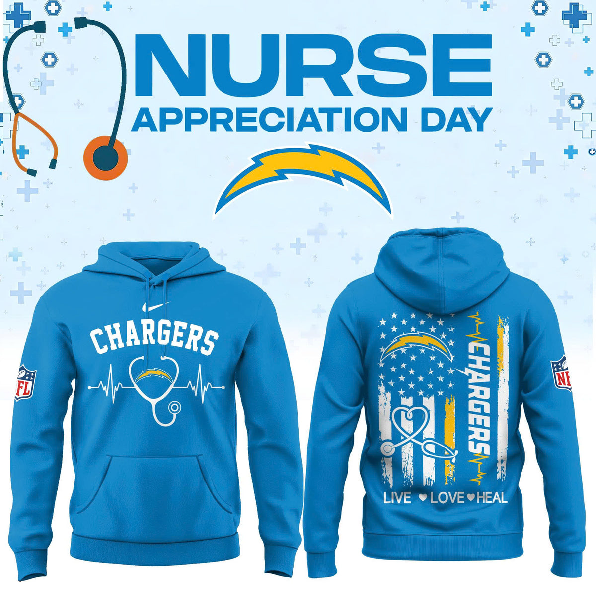 Limited Edition Los Angeles Chargers Nurse Appreciation Hoodie