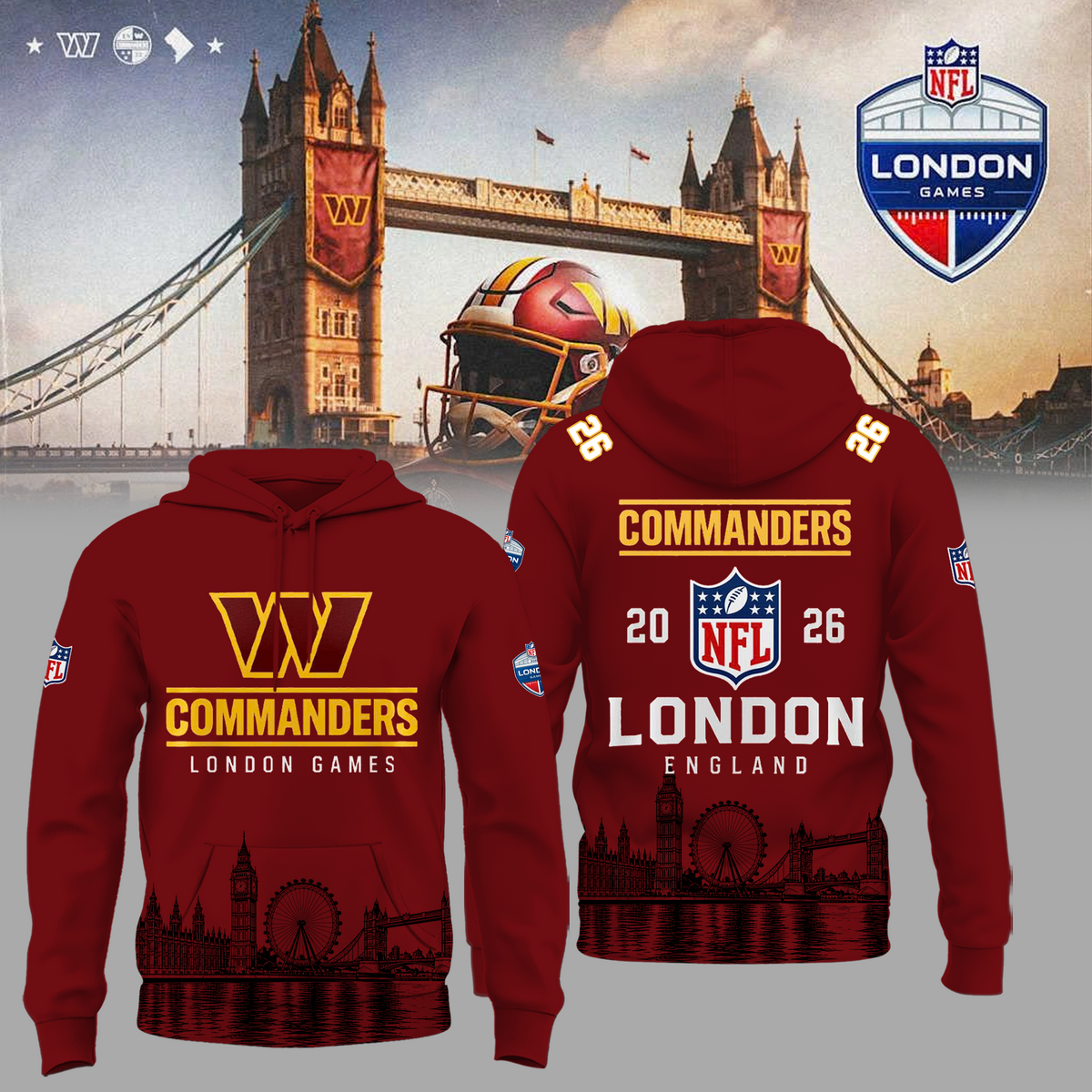 Limited Edition Washington Commanders – NFL London Games 2026 Hoodie