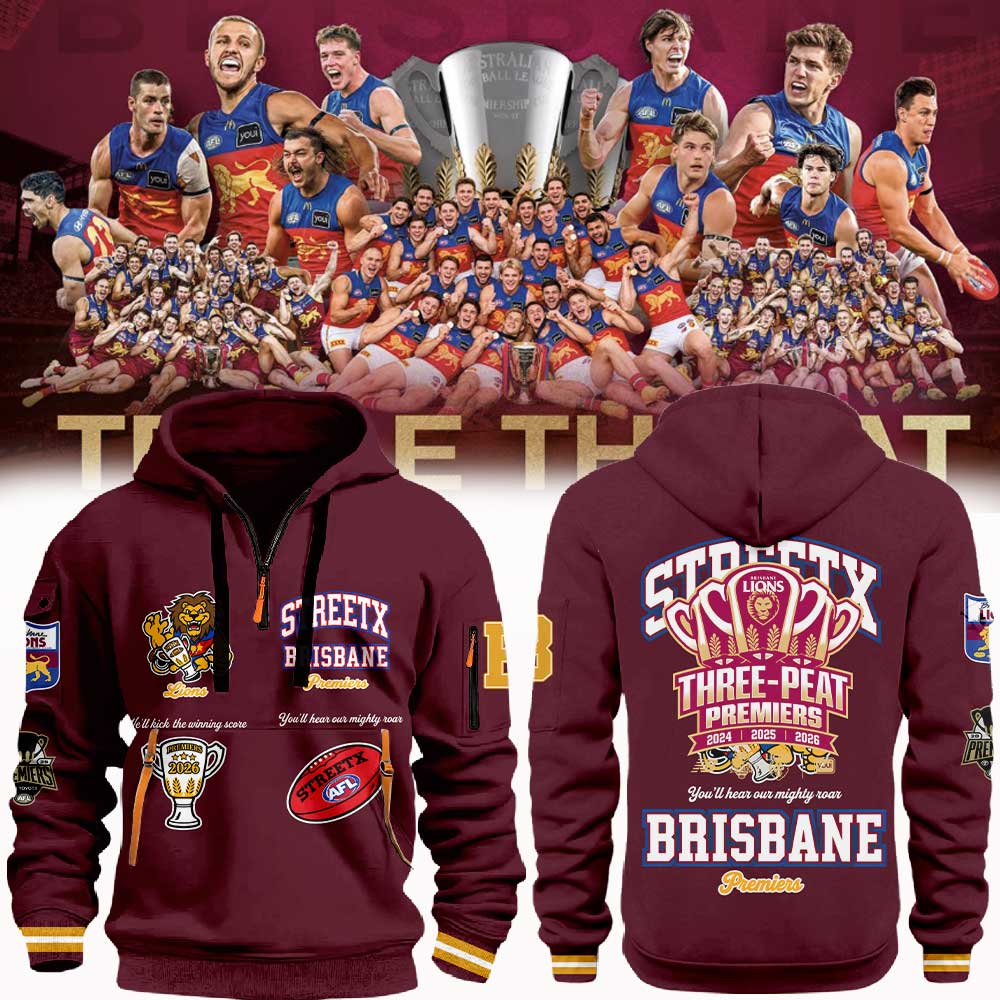 Limited Edition Brisbane Lions 2026 AFL Three - Peat Premiers Half Zip Hoodie
