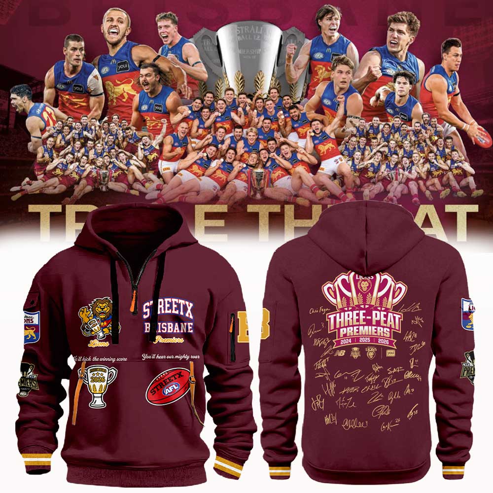 Limited Edition Brisbane Lions 2026 AFL Three - Peat Premiers Half Zip Hoodie
