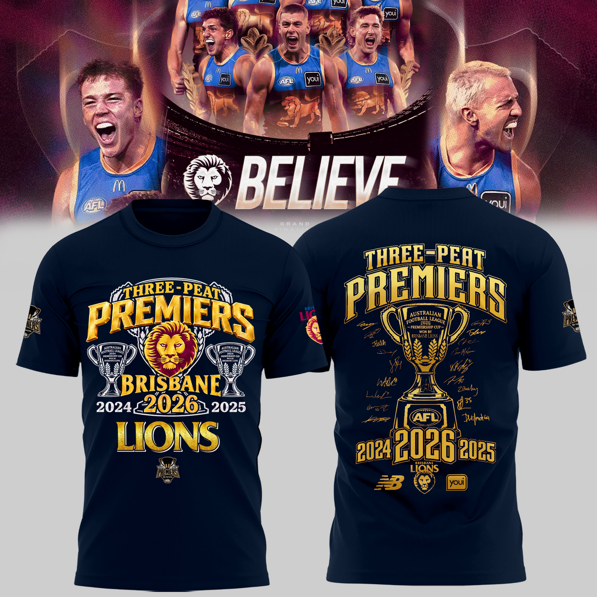 Limited Edition Brisbane Lions 2026 AFL Three - Peat Premiers T-shirt