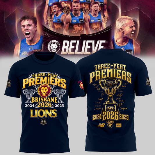 Limited Edition Brisbane Lions 2026 AFL Three - Peat Premiers T-shirt