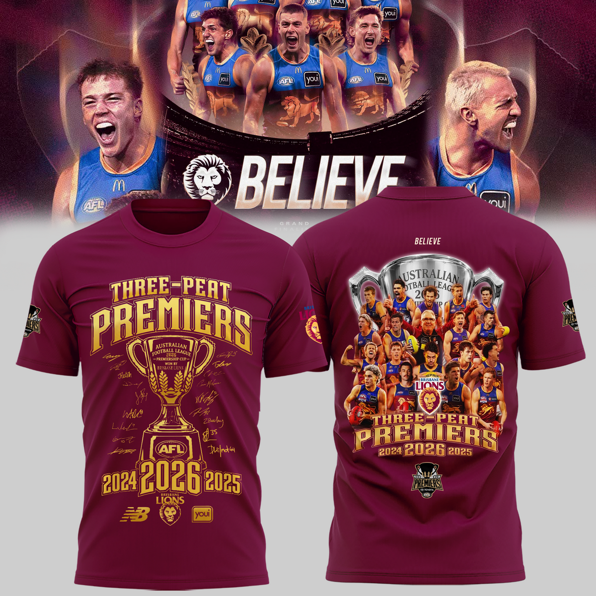 Limited Edition Brisbane Lions 2026 AFL Three - Peat Premiers T-shirt