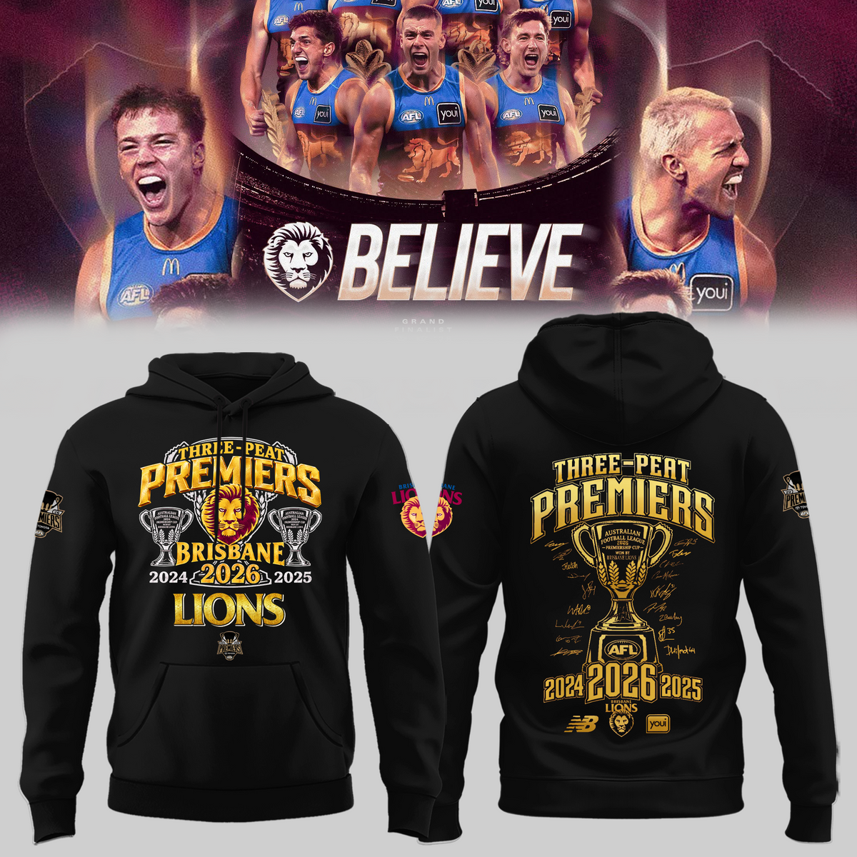 Limited Edition Limited Edition Brisbane Lions 2026 AFL Three - Peat Premiers Hoodie