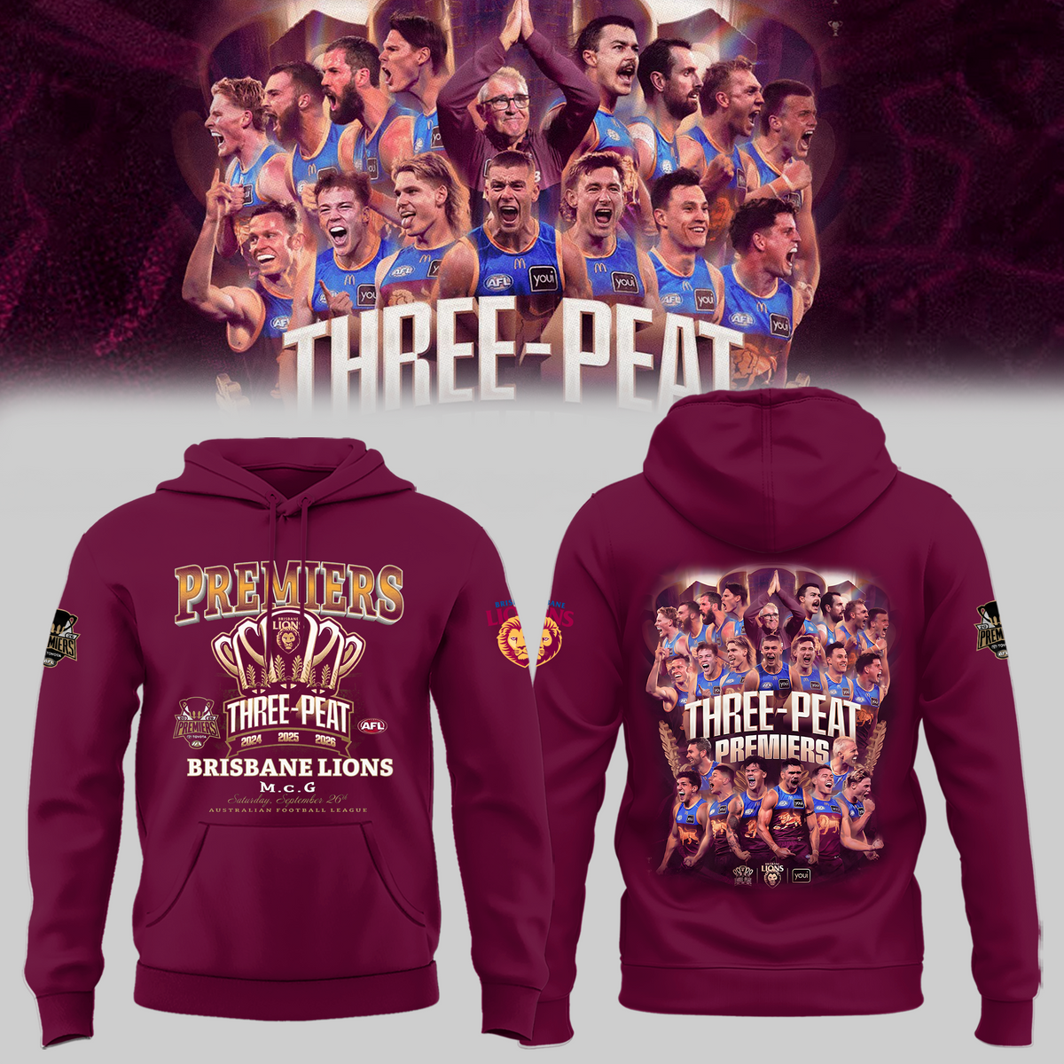 Limited Edition Limited Edition Brisbane Lions 2026 AFL Three - Peat Premiers Hoodie