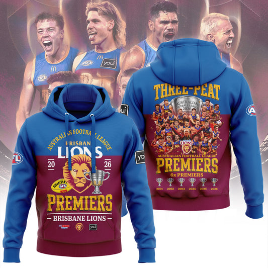 Limited Edition Limited Edition Brisbane Lions 2026 AFL Three - Peat Premiers Hoodie