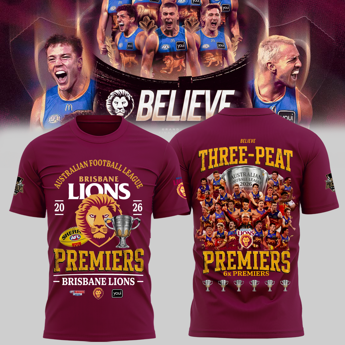 Limited Edition Brisbane Lions 2026 AFL Three - Peat Premiers T-shirt