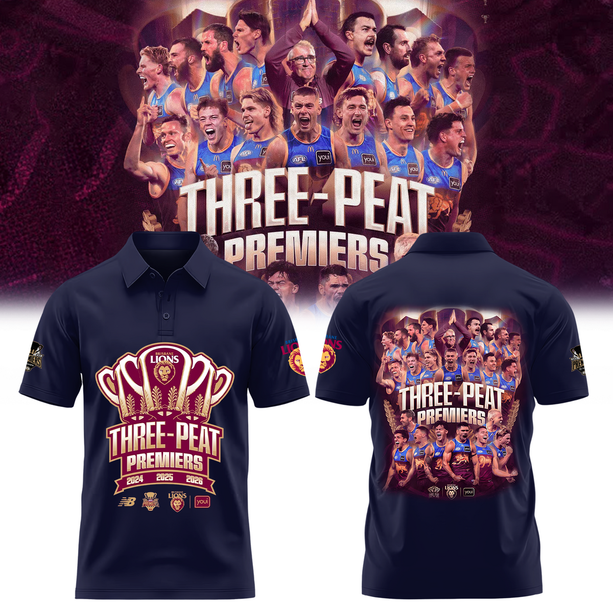 Limited Edition Limited Edition Brisbane Lions 2026 AFL Three - Peat Premiers Polo