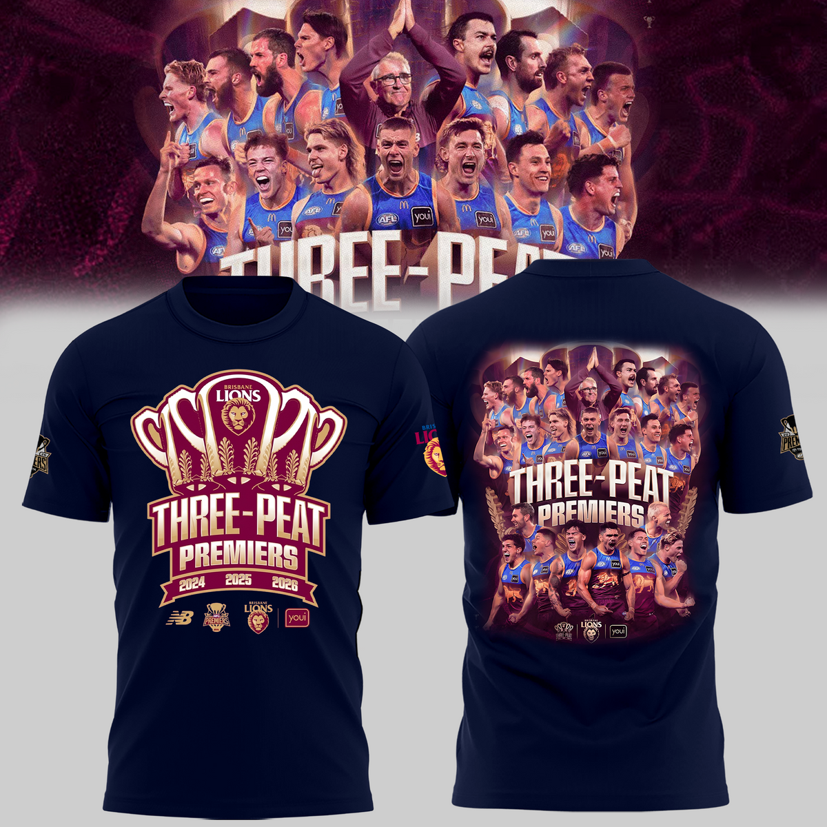 Limited Edition Brisbane Lions 2026 AFL Three - Peat Premiers T-shirt