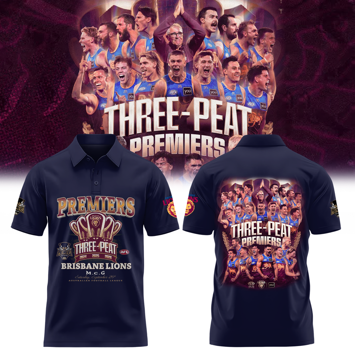 Limited Edition Limited Edition Brisbane Lions 2026 AFL Three - Peat Premiers Polo