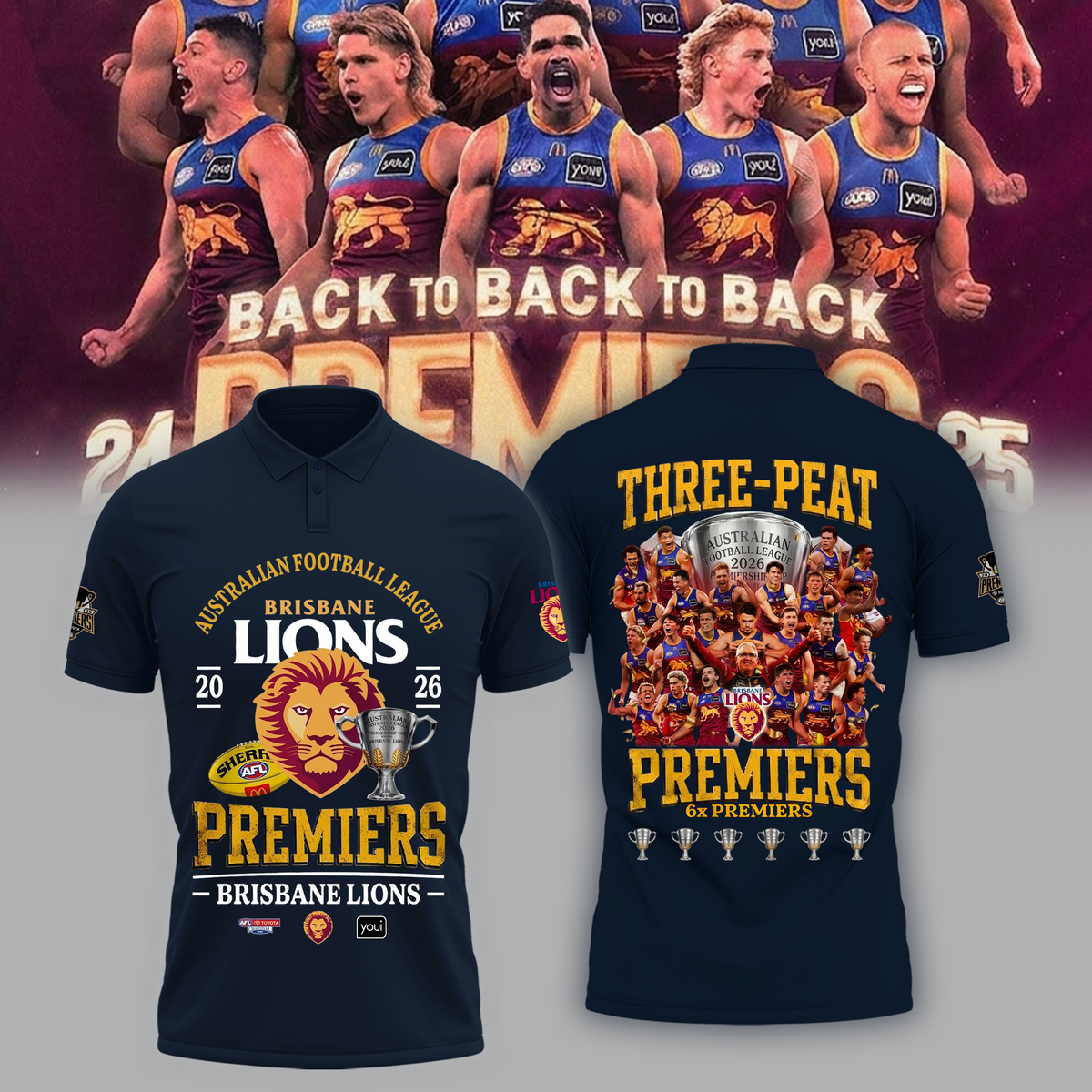 Limited Edition Limited Edition Brisbane Lions 2026 AFL Three - Peat Premiers Polo
