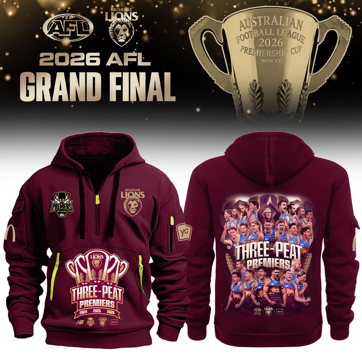 Limited Edition Brisbane Lions 2026 AFL Three - Peat Premiers Half Zip Hoodie