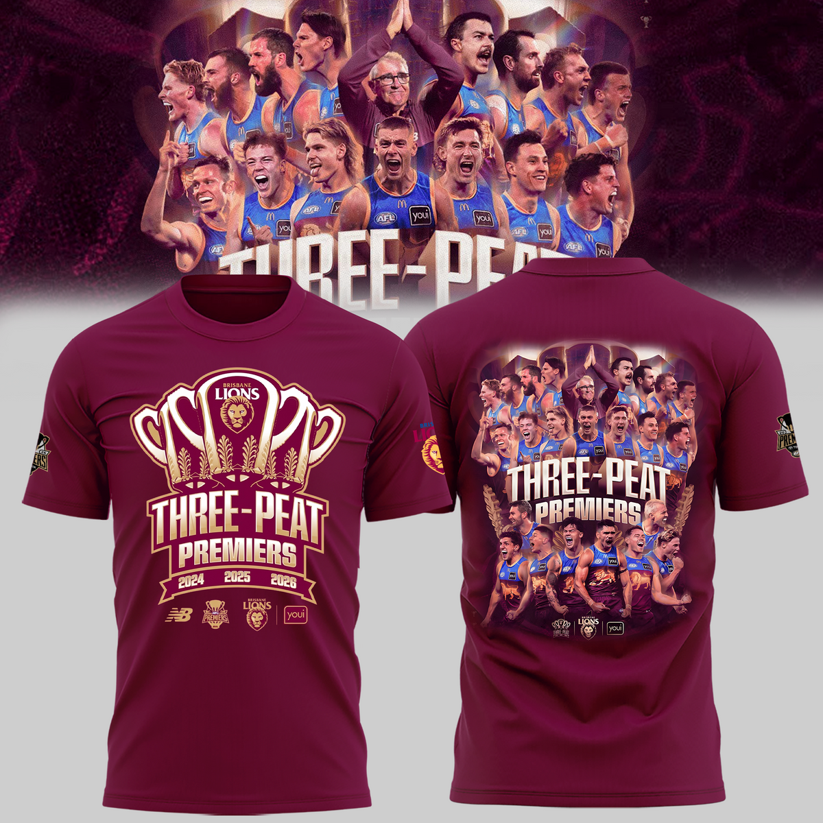 Limited Edition Brisbane Lions 2026 AFL Three - Peat Premiers T-shirt
