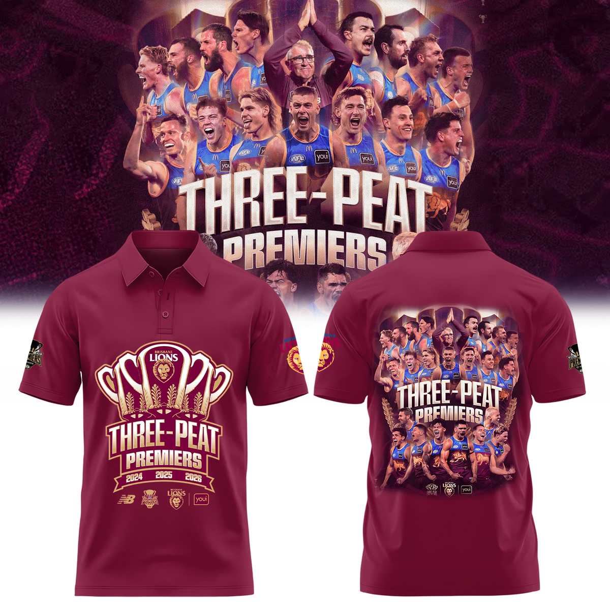 Limited Edition Limited Edition Brisbane Lions 2026 AFL Three - Peat Premiers Polo