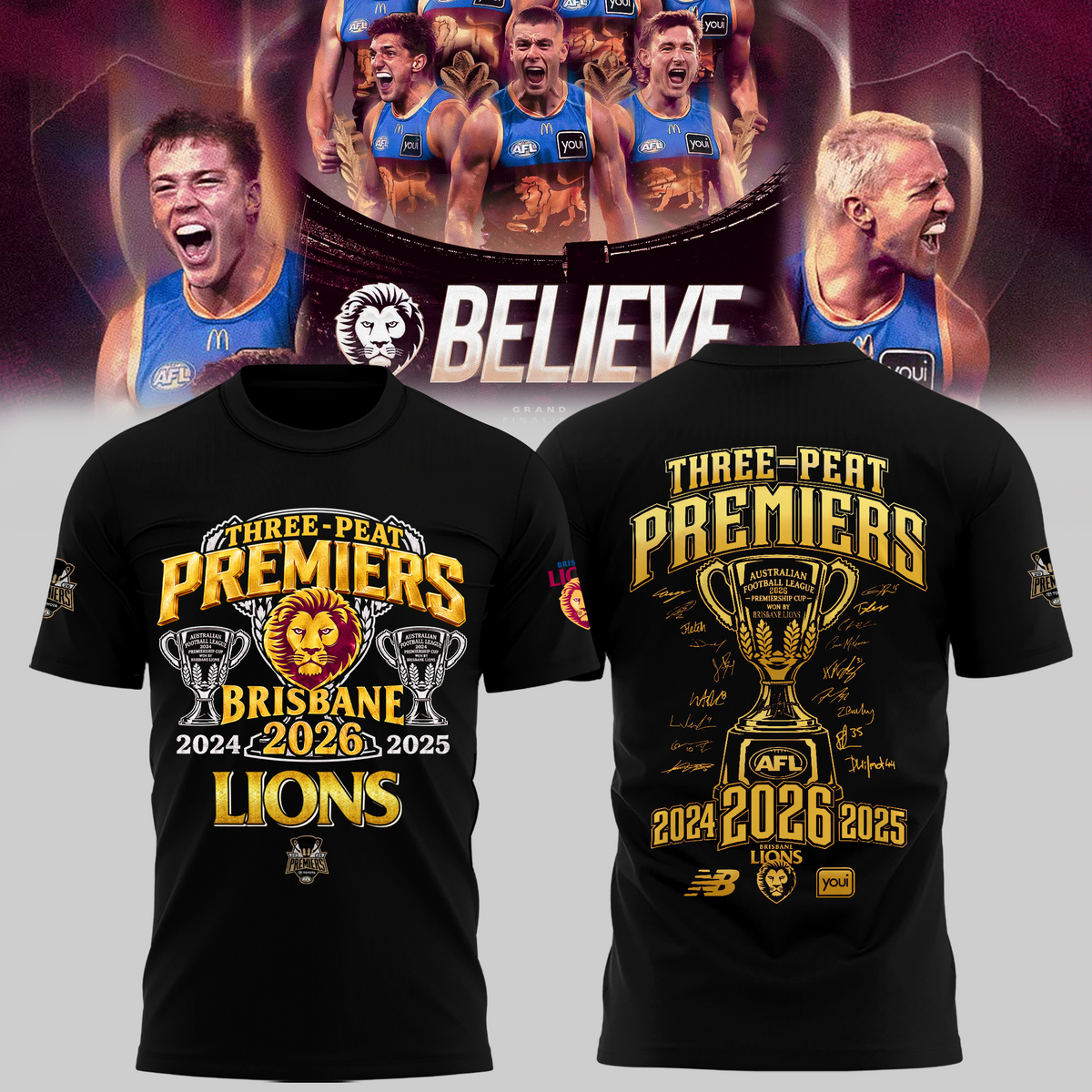 Limited Edition Brisbane Lions 2026 AFL Three - Peat Premiers T-shirt