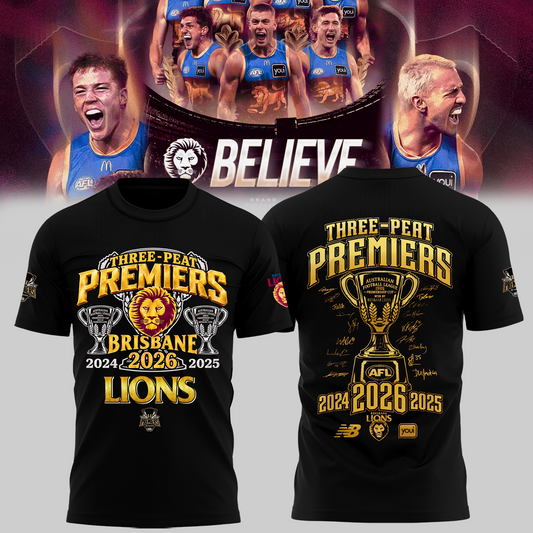 Limited Edition Brisbane Lions 2026 AFL Three - Peat Premiers T-shirt