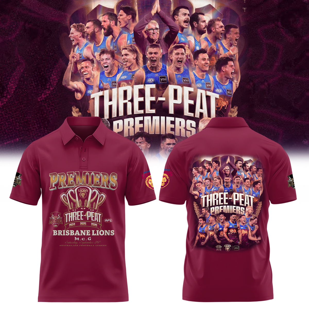 Limited Edition Limited Edition Brisbane Lions 2026 AFL Three - Peat Premiers Polo