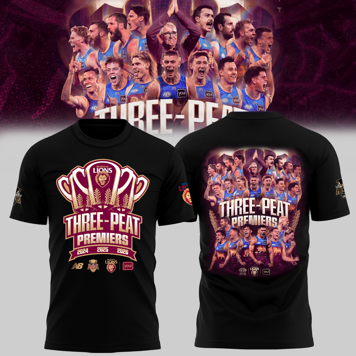 Limited Edition Brisbane Lions 2026 AFL Three - Peat Premiers T-shirt