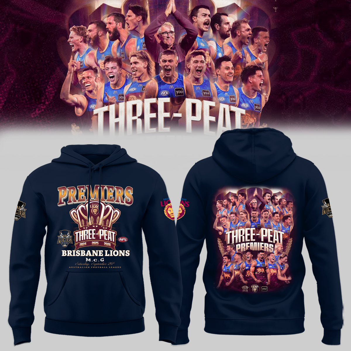 Limited Edition Limited Edition Brisbane Lions 2026 AFL Three - Peat Premiers Hoodie