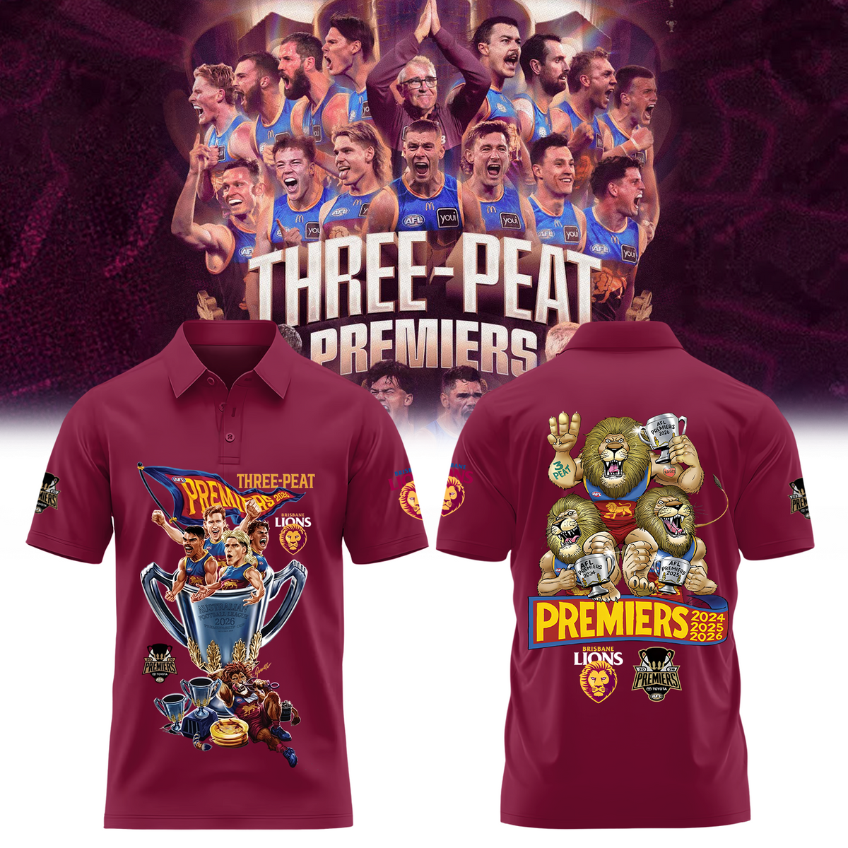 Limited Edition Limited Edition Brisbane Lions 2026 AFL Three - Peat Premiers Polo