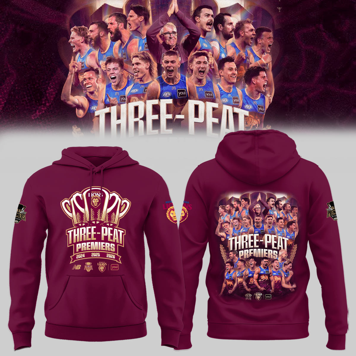 Limited Edition Limited Edition Brisbane Lions 2026 AFL Three - Peat Premiers Hoodie