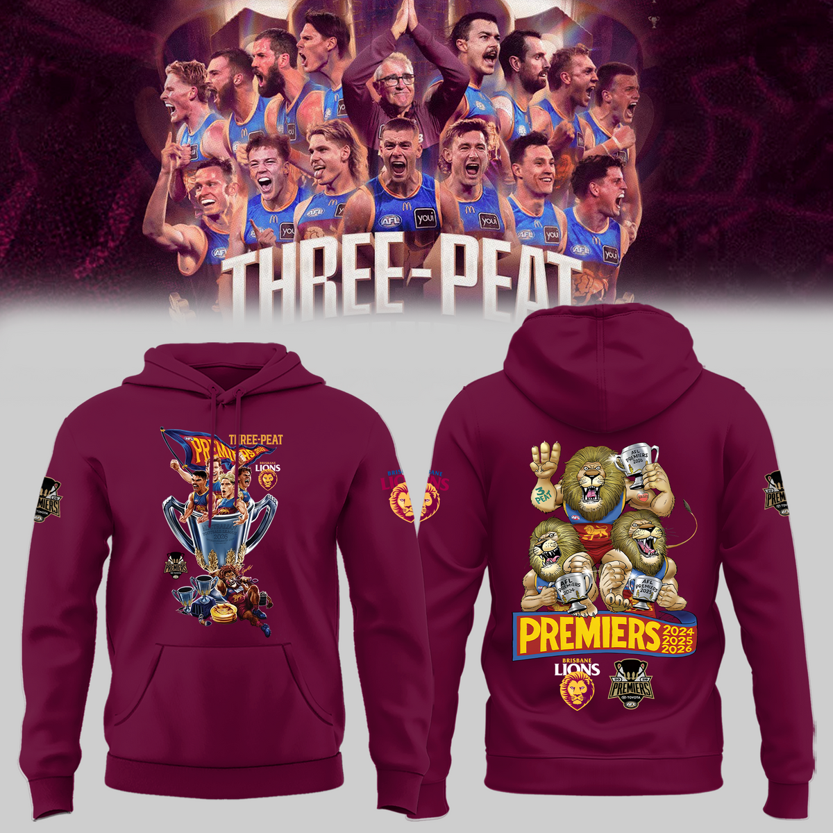 Limited Edition Limited Edition Brisbane Lions 2026 AFL Three - Peat Premiers Hoodie