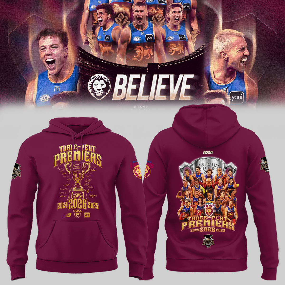 Limited Edition Limited Edition Brisbane Lions 2026 AFL Three - Peat Premiers Hoodie