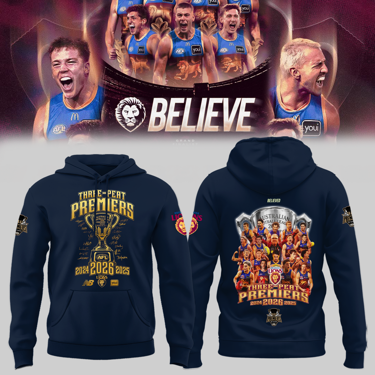 Limited Edition Limited Edition Brisbane Lions 2026 AFL Three - Peat Premiers Hoodie