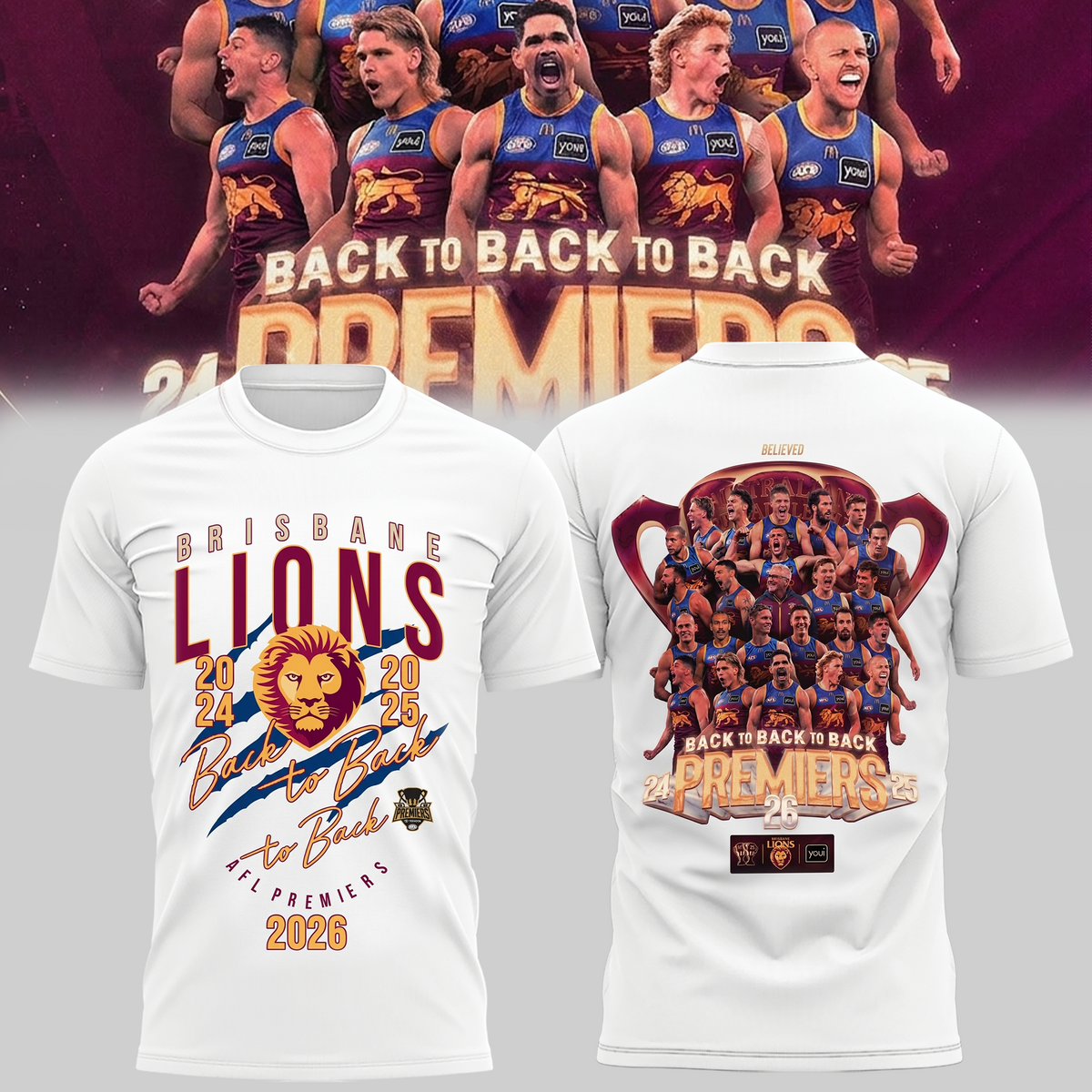 Limited Edition Brisbane Lions 2026 AFL Three - Peat Premiers T-shirt