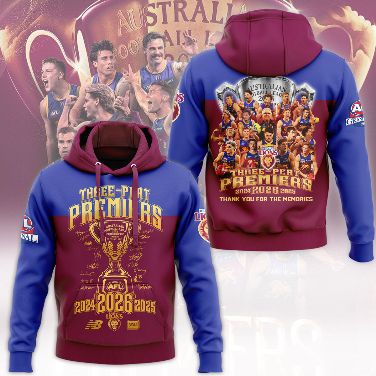 Limited Edition Limited Edition Brisbane Lions 2026 AFL Three - Peat Premiers Hoodie