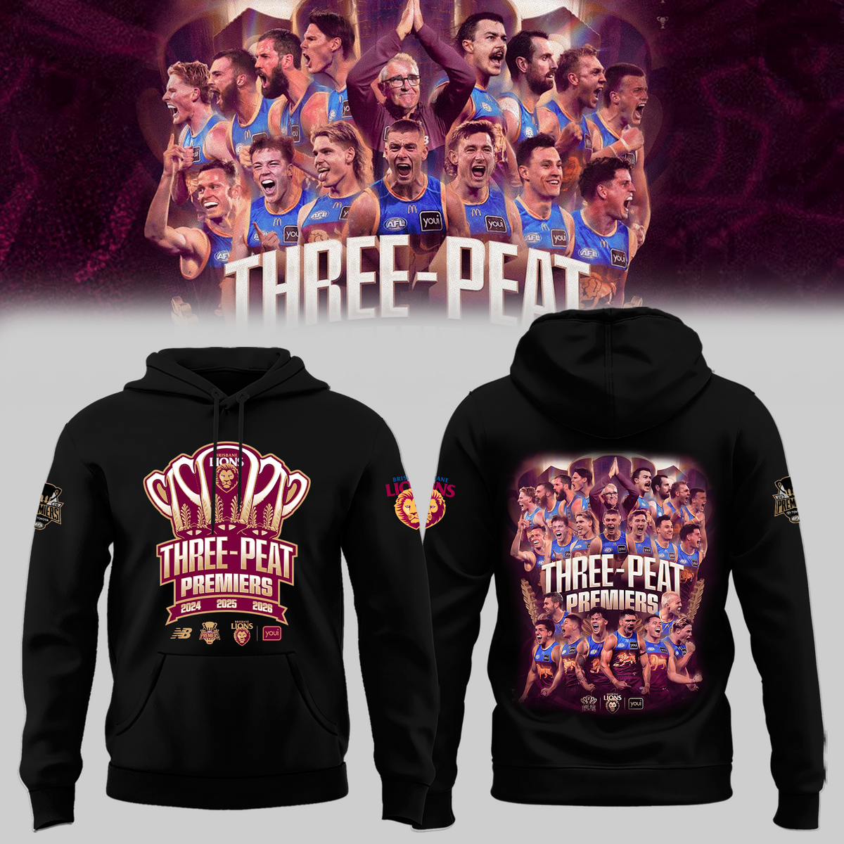 Limited Edition Limited Edition Brisbane Lions 2026 AFL Three - Peat Premiers Hoodie