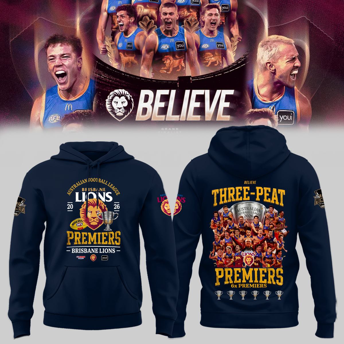 Limited Edition Limited Edition Brisbane Lions 2026 AFL Three - Peat Premiers Hoodie
