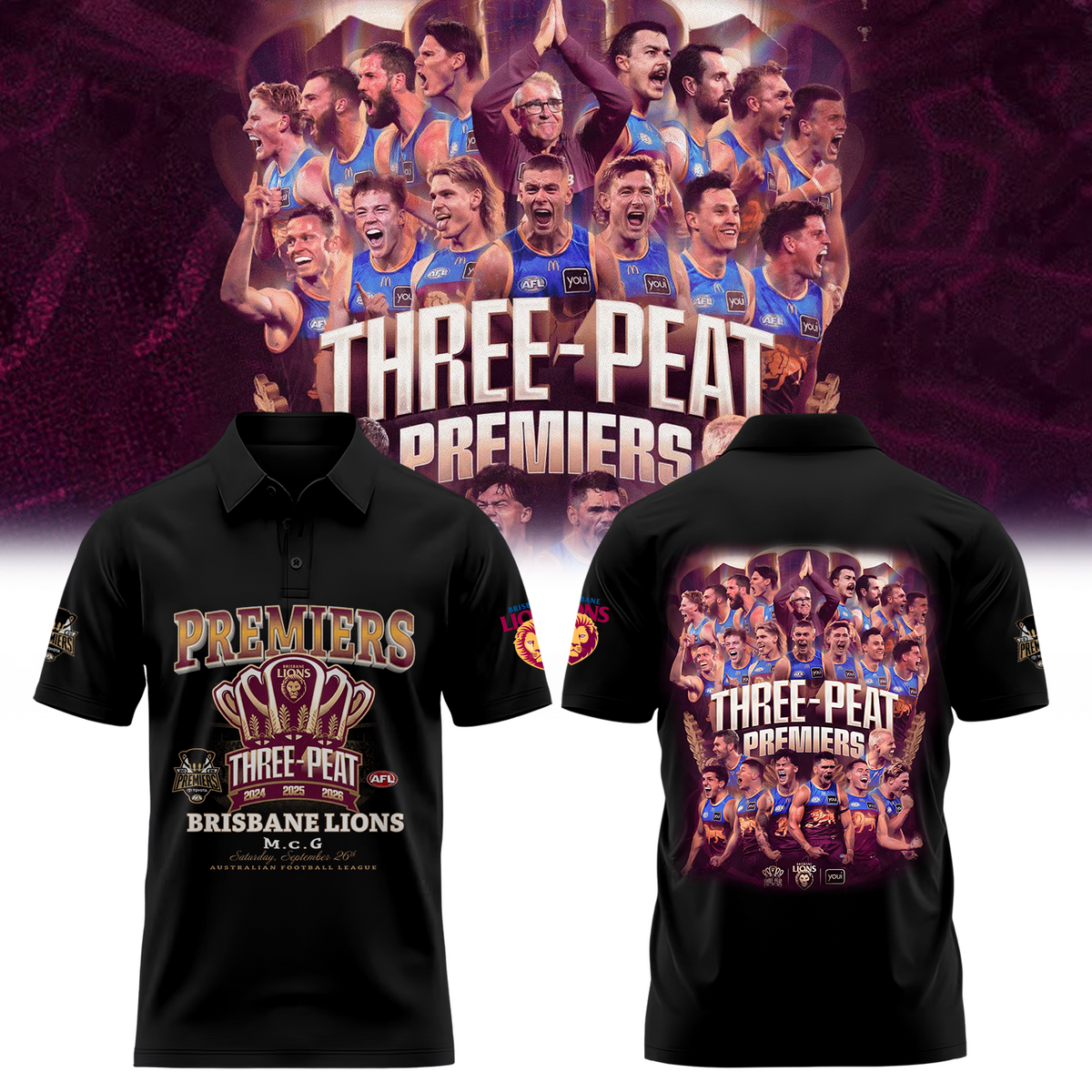 Limited Edition Limited Edition Brisbane Lions 2026 AFL Three - Peat Premiers Polo