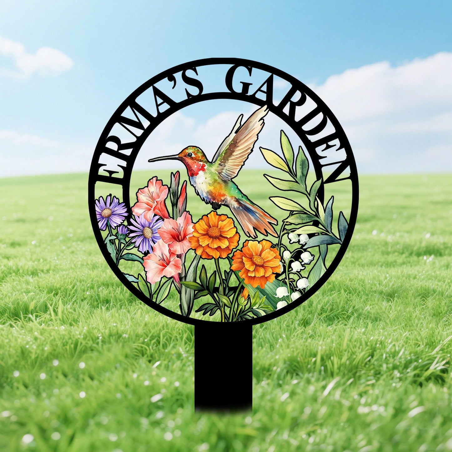 Custom Hummingbird Garden Sign with Flowers,Garden Metal Stake with Bird,Personalized Garden Decor,Hummingbird Yard Sign,Gardener Name Sign