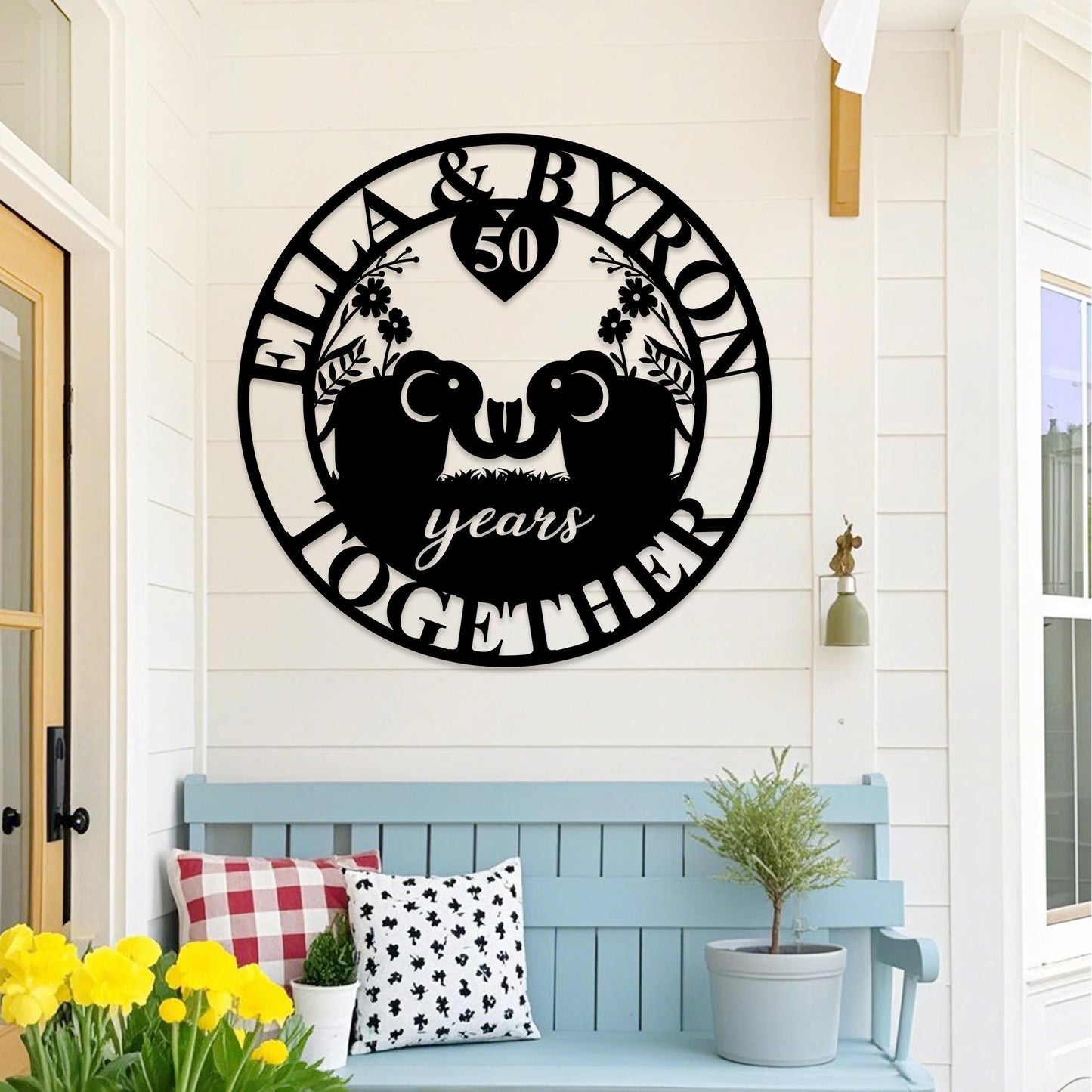 Custom Anniversary Metal Sign, 50th Anniversary Gift, Elephants Metal Wall Art, 10th Wedding Anniversary Sign, Personalized Family Name Sign