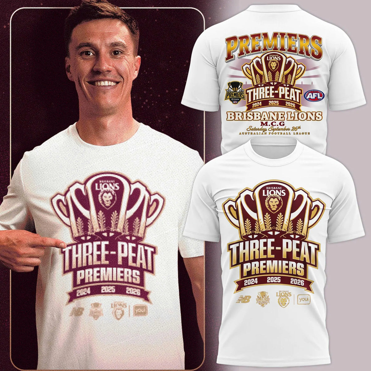 Limited Edition Brisbane Lions 2026 AFL Three - Peat Premiers T-shirt