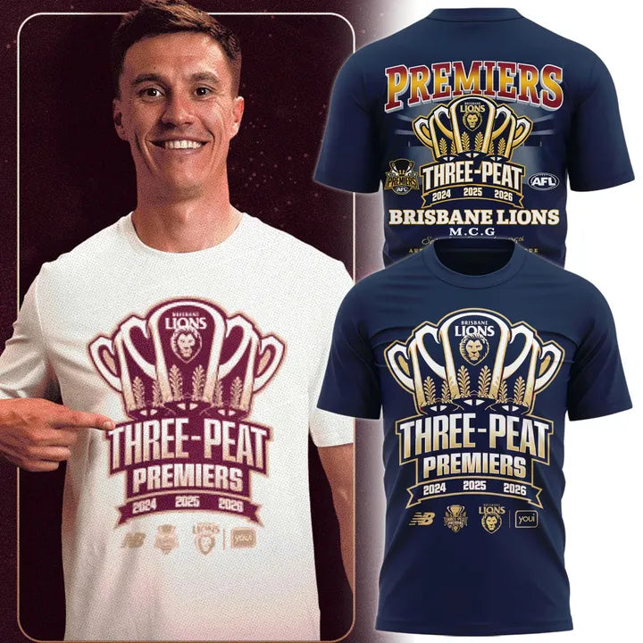 Limited Edition Brisbane Lions 2026 AFL Three - Peat Premiers T-shirt