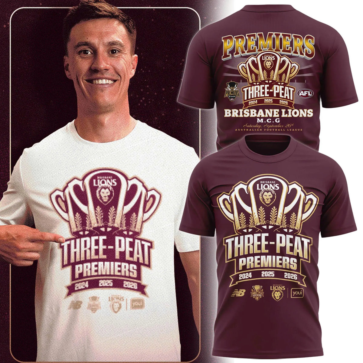 Limited Edition Brisbane Lions 2026 AFL Three - Peat Premiers T-shirt